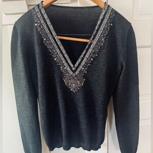Valentino silk crystal v neck long sleeve sweater